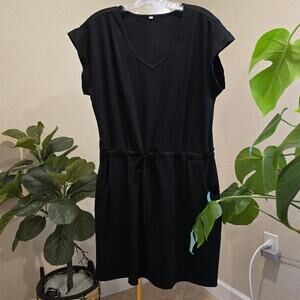 Black Shift Dress Women’s Size XL V Neck Drawstring Waist Pockets Stretch